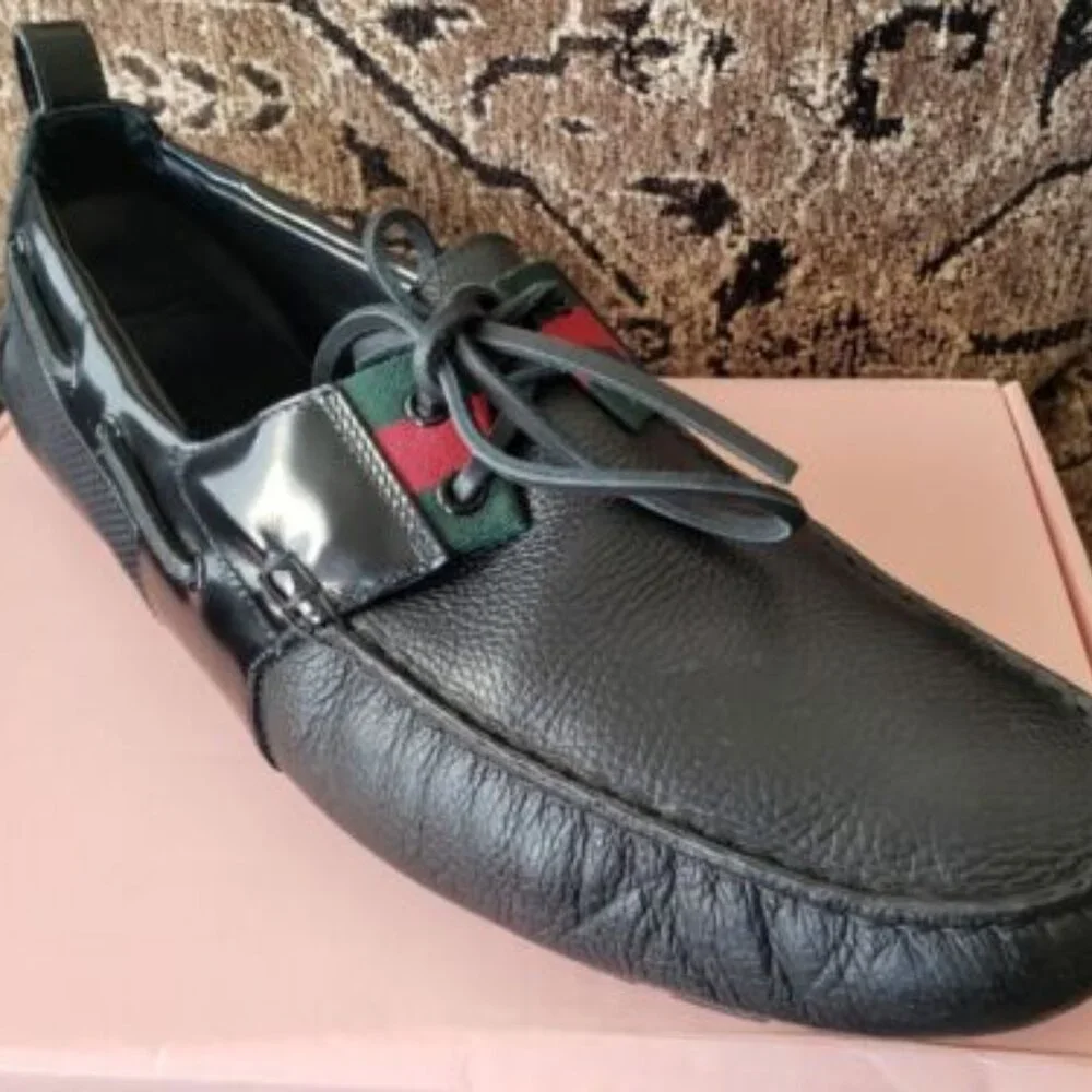 GUCCI Bout Deck Black Flag Leather Moccasin Loafer Men 12.5UK /12.5-13 US $1,200